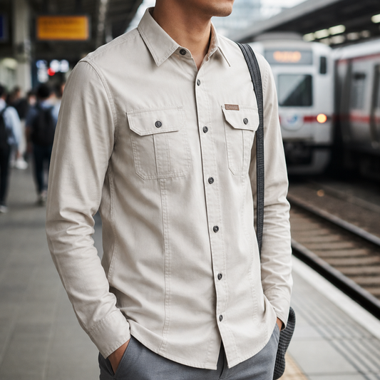 Men's Cotton Blend Long Sleeve Shirt Regular Fit Chest Pockets – Rowan