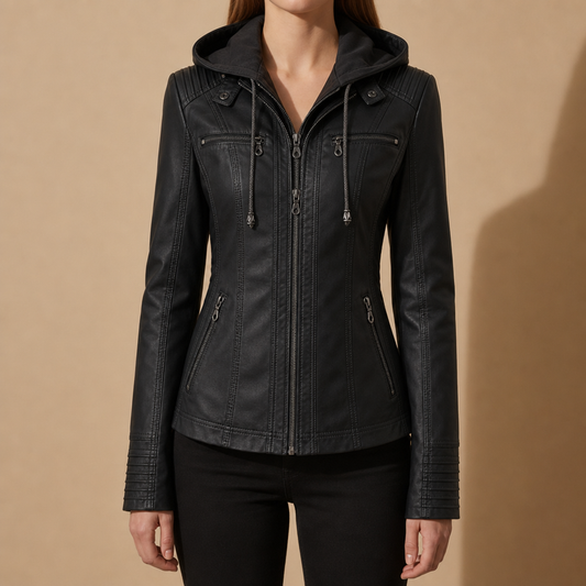 Hooded Faux Leather Jacket for Women with Suede Texture – Elara