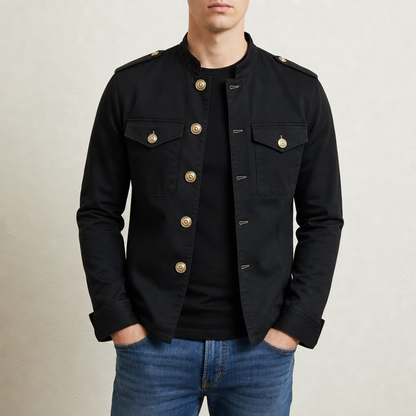 Cotton Stand Collar Button Jacket With Military Details – Arden