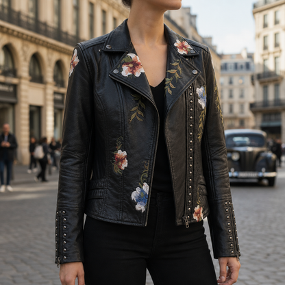 Women's Floral Embroidered Faux Leather Moto Jacket – Elara