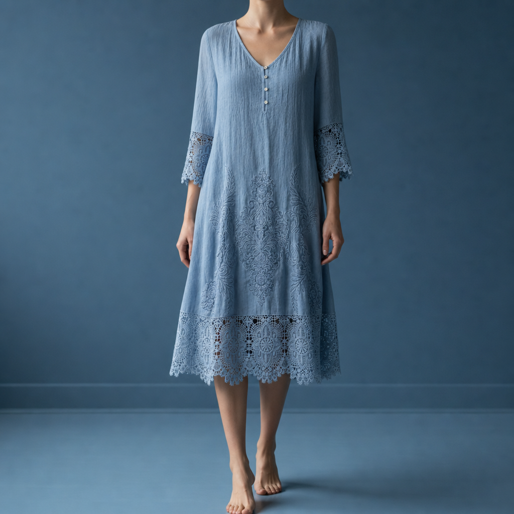 Women's Floral Midi Dress Lace Trim Relaxed Fit – Elara
