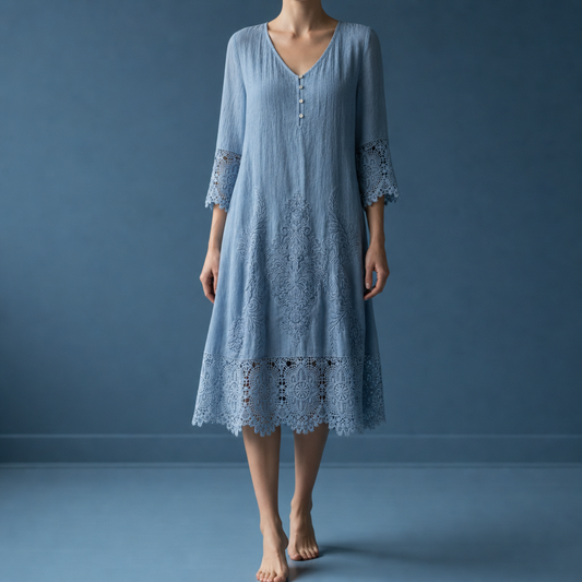 Women's Floral Midi Dress Lace Trim Relaxed Fit – Elara