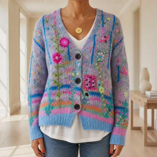 Women's Floral Embroidered Cotton Blend Cardigan Slim Fit – Elara