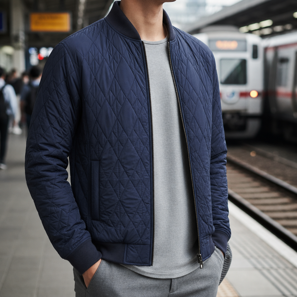 Quilted Bomber Jacket Poly Cotton Diamond Pattern – Elara