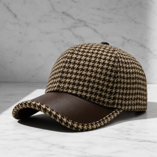 Houndstooth Wool Blend Leather Trim Cap – Marlowe