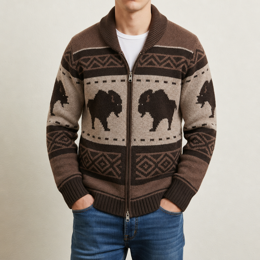 Men's Wool Cotton Jacquard Zip Cardigan Earth Brown – Alder