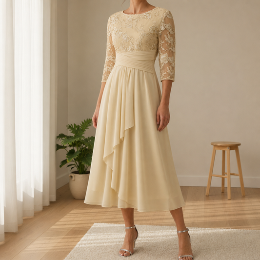Women's Lace Chiffon Midi Dress Three Quarter Sleeve Occasion Wear – Elara