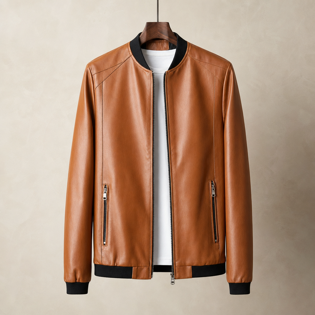 Leather Bomber Jacket Faux Leather Regular Fit O Neck – Rowan