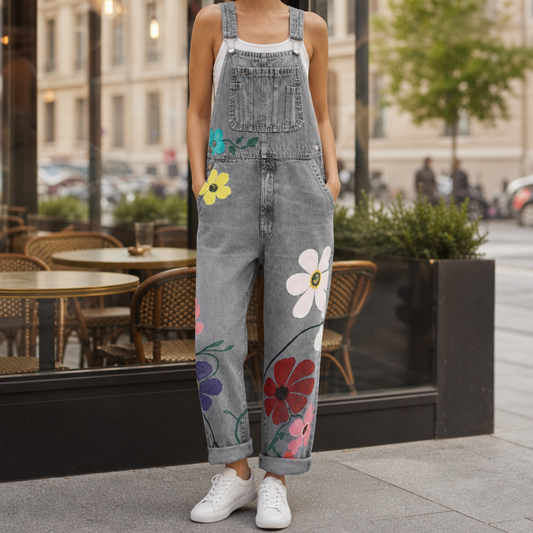 Women's Floral Denim Overalls Loose Fit Cotton Blend – Marlowe