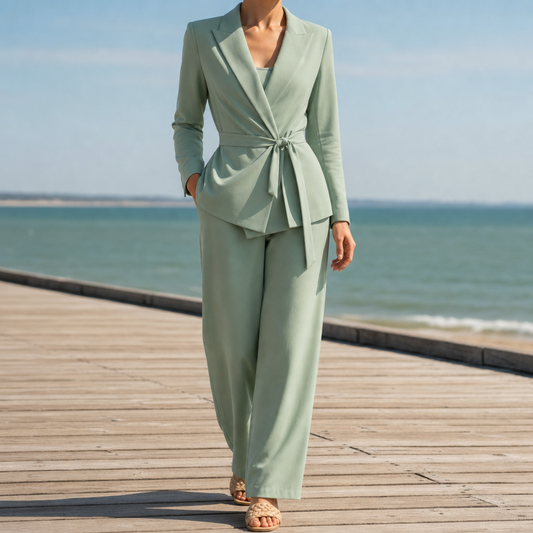 Women's Belted Blazer Trouser Set Wide Leg Tailored Style – Celeste