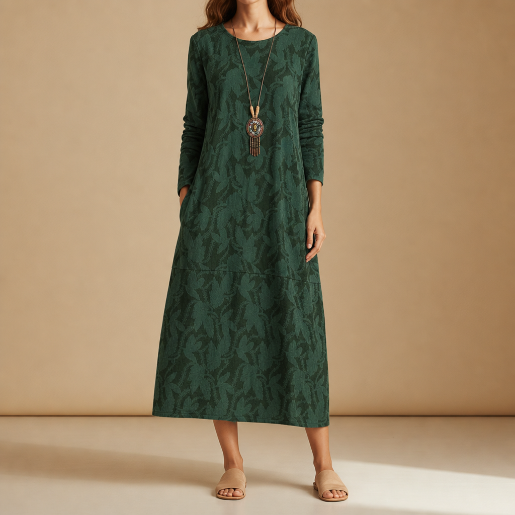 Women's Botanical Print Midi Dress Cotton Blend Relaxed Fit – Elara