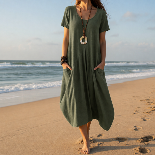 Women’s Relaxed Cotton Blend Midi Dress with Pockets – Maren