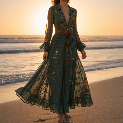 Women's Embroidered Boho Maxi Dress Viscose Blend Tiered Skirt – Amara