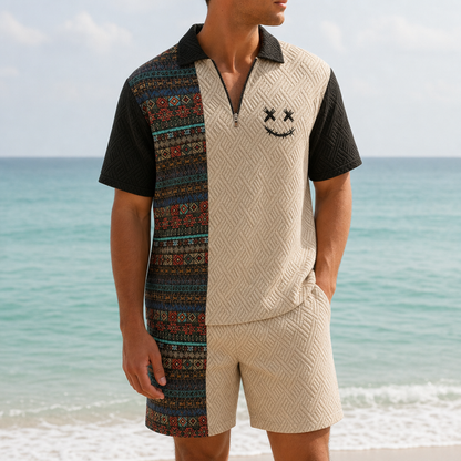 Cotton Blend Colorblock Polo Shorts Set With Smile Print – Mateo