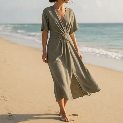 Women's Twist Waist Midi Dress With V Neck And Front Slit – Maren