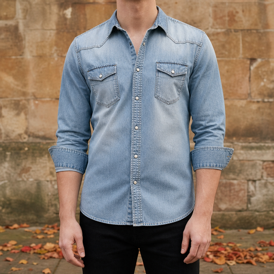 Denim Shirt Slim Fit Cotton Blend Button Front – Maren