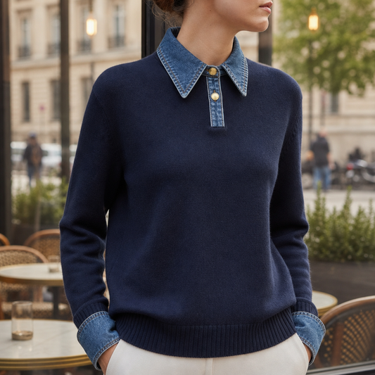 Women's Denim Collar Knit Sweater Relaxed Stretch Fit – Celeste