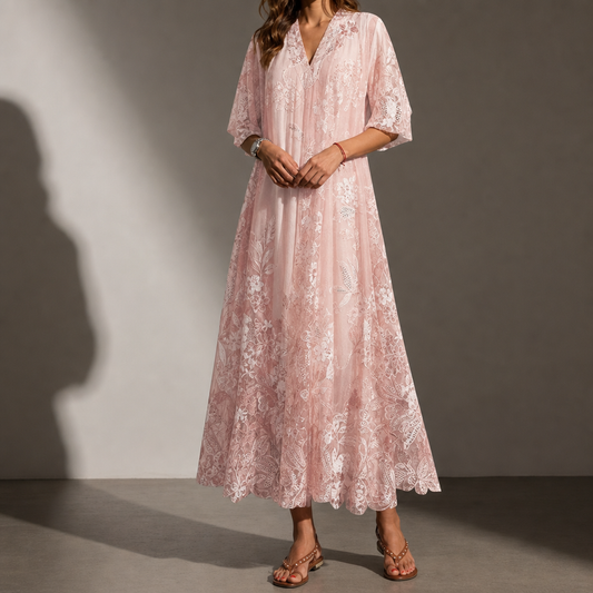 Women's Lace Print Maxi Dress Relaxed Fit Half Sleeves – Marielle