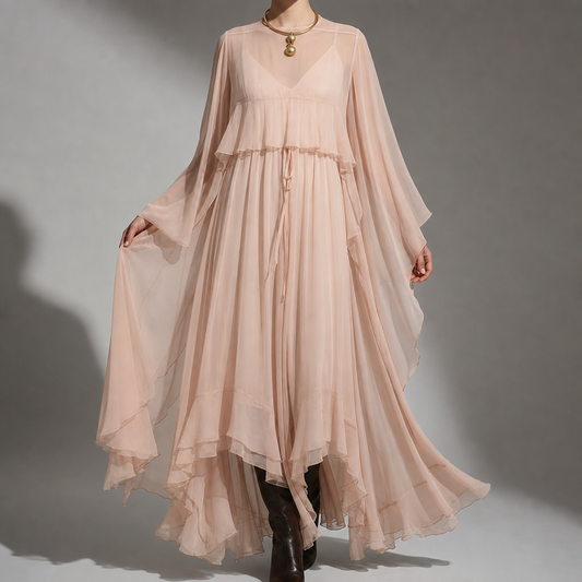 Women's Chiffon Maxi Dress Sheer Cape Overlay Relaxed Fit – Celeste