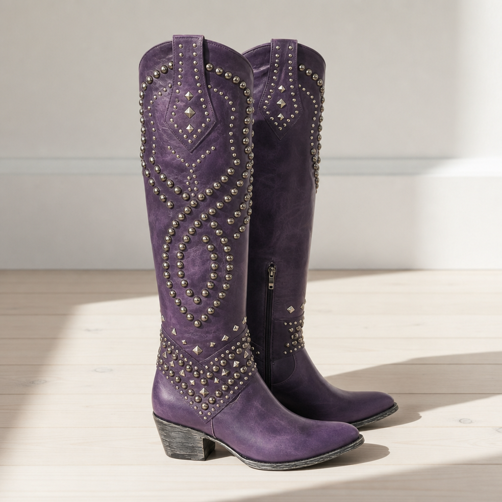Women's Studded Western Knee High Boots Pointed Toe Block Heel – Marlowe