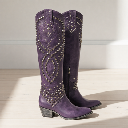 Women's Studded Western Knee High Boots Pointed Toe Block Heel – Marlowe