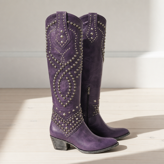 Women's Studded Western Knee High Boots Pointed Toe Block Heel – Marlowe