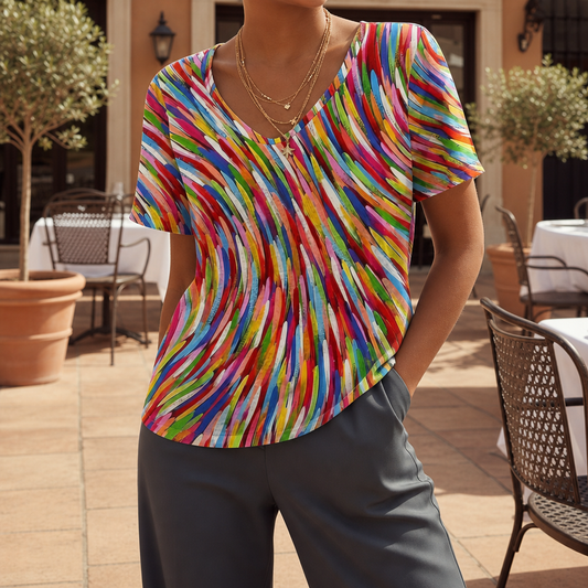 Women's Printed V-Neck Top Relaxed Fit Lightweight – Marlowe