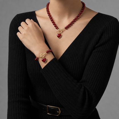 Pearl Bead Jewelry Set Gold Tone Heart Pendant – Elara
