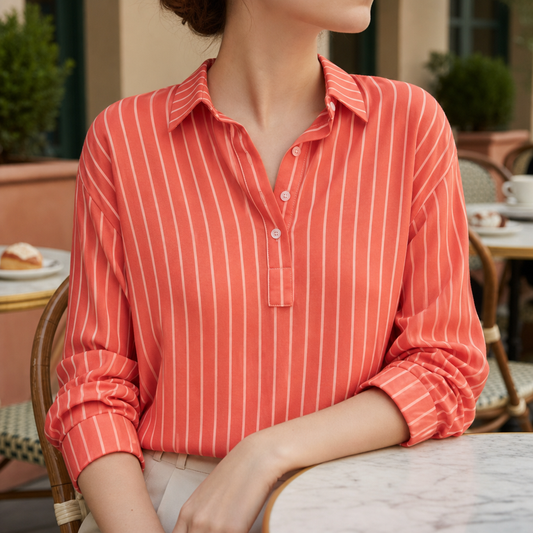 Striped Button-Up Blouse Long Sleeve Half-Placket – Maren