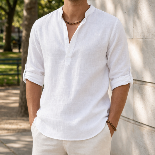 Linen Henley Shirt with Roll Tab Sleeves – Soren