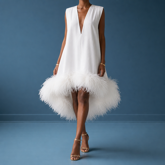 Women's Feather Trim Mini Dress Sleeveless Deep V Neck Relaxed Fit – Celeste