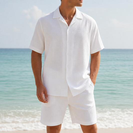 Matching Co-ord Set Textured Poly Blend Short Sleeve Shirt and Shorts – Marlowe