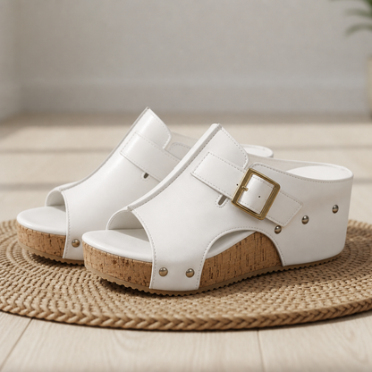 Women's Cork Wedge Platform Sandals Faux Leather Open Toe – Elara