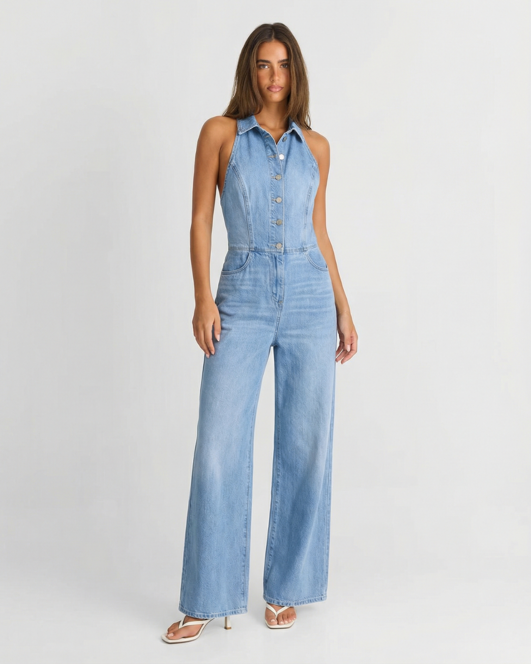 Combinaison en jean à jambes larges et col halter