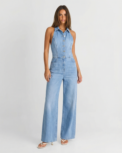 Combinaison en jean à jambes larges et col halter