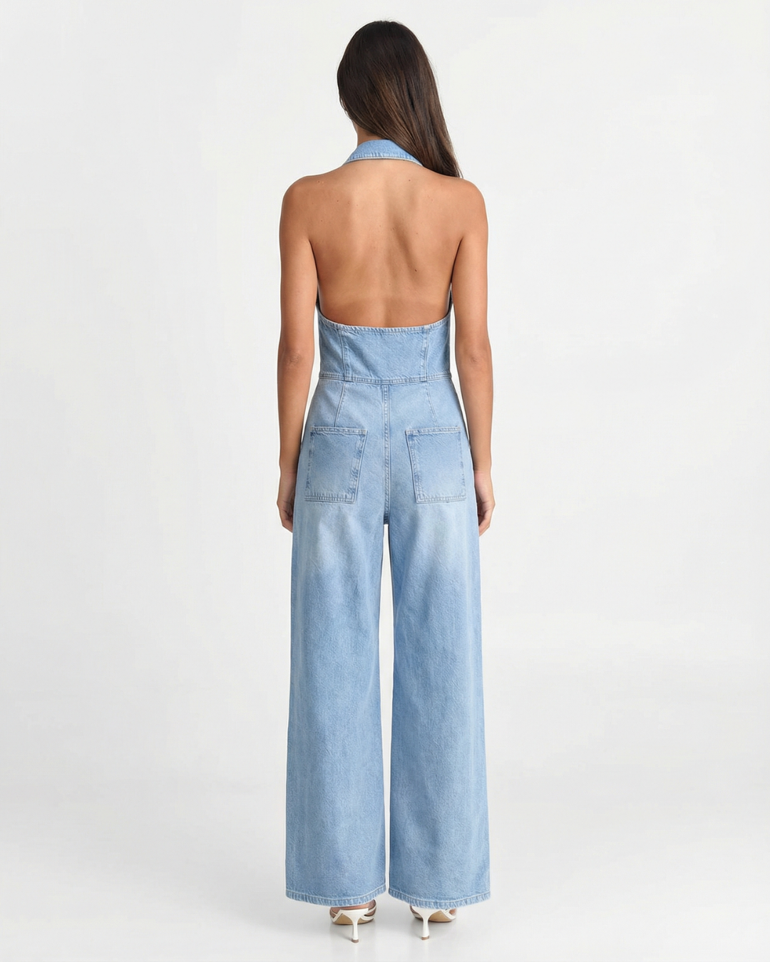 Combinaison en jean à jambes larges et col halter