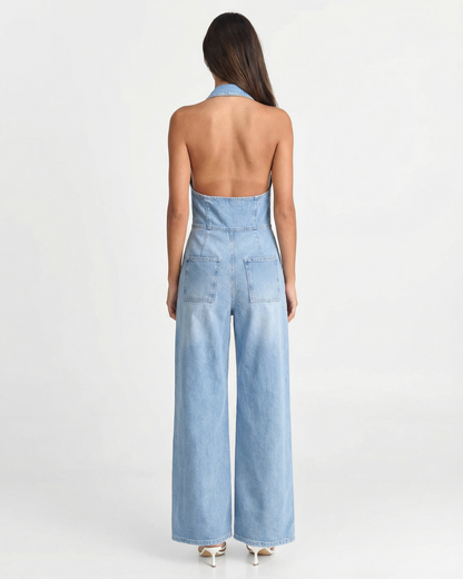 Combinaison en jean à jambes larges et col halter
