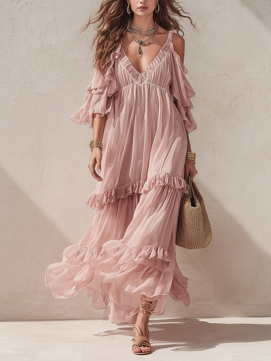 Encantador vestido maxi con volantes en capas color rubor