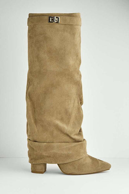 Izel Taupe Suede Pointed Toe Block Heel Boots with Gold Trim Buckle and Ruched Detail