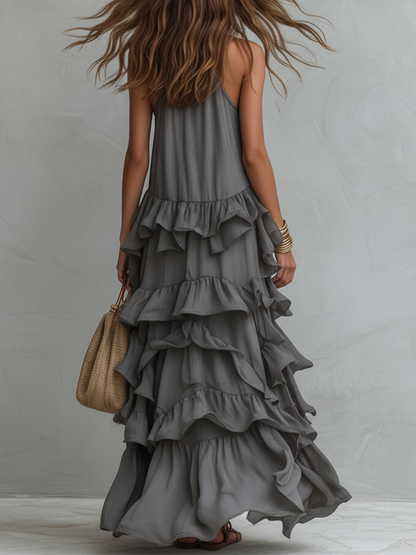 Robe maxi romantique chic grise à volants superposés