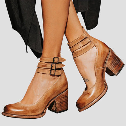 Luna | Women's Boots Double Ankle Straps Block Heel - Stylish Comfortable