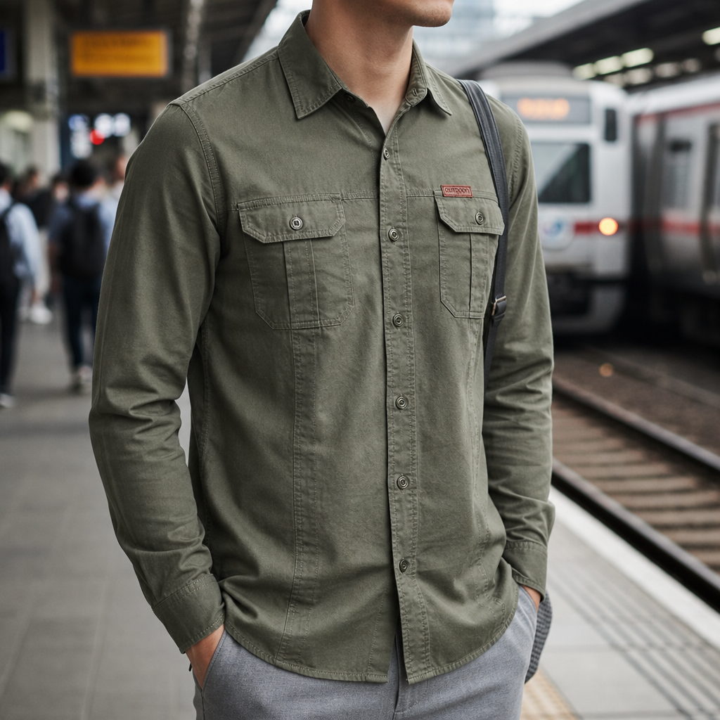 Men's Cotton Blend Long Sleeve Shirt Regular Fit Chest Pockets – Rowan