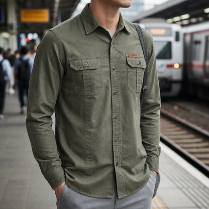 Men's Cotton Blend Long Sleeve Shirt Regular Fit Chest Pockets – Rowan