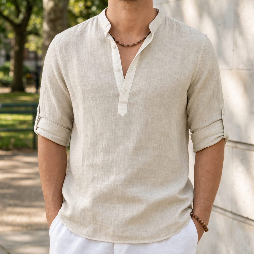 Linen Henley Shirt with Roll Tab Sleeves – Soren