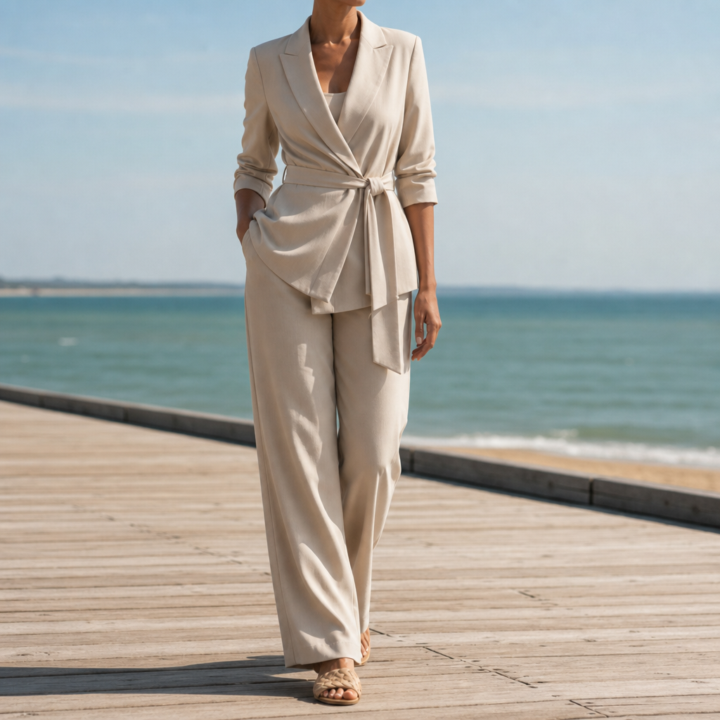 Women's Belted Blazer Trouser Set Wide Leg Tailored Style – Celeste
