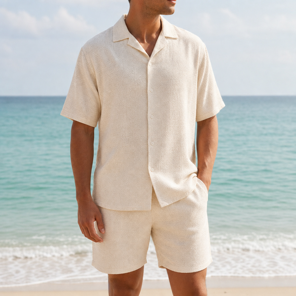 Matching Co-ord Set Textured Poly Blend Short Sleeve Shirt and Shorts – Marlowe