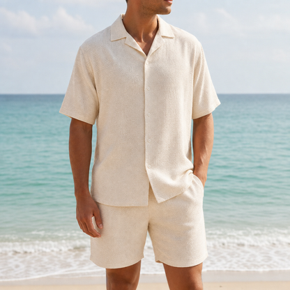 Matching Co-ord Set Textured Poly Blend Short Sleeve Shirt and Shorts – Marlowe