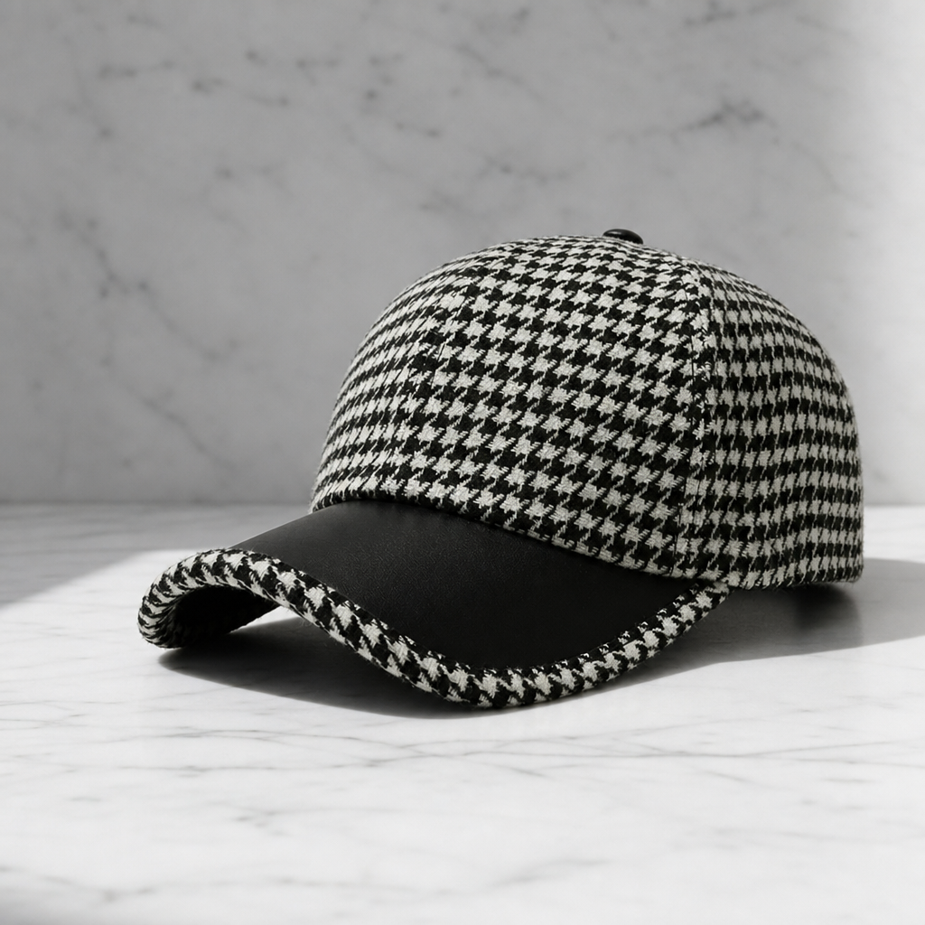 Houndstooth Wool Blend Leather Trim Cap – Marlowe