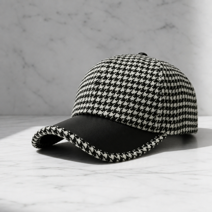 Houndstooth Wool Blend Leather Trim Cap – Marlowe