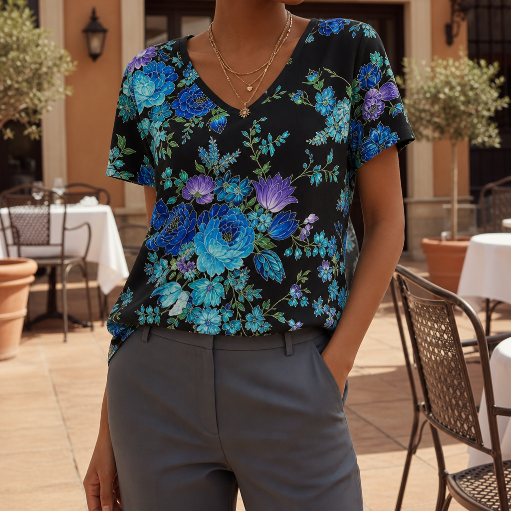 Women's Printed V-Neck Top Relaxed Fit Lightweight – Marlowe